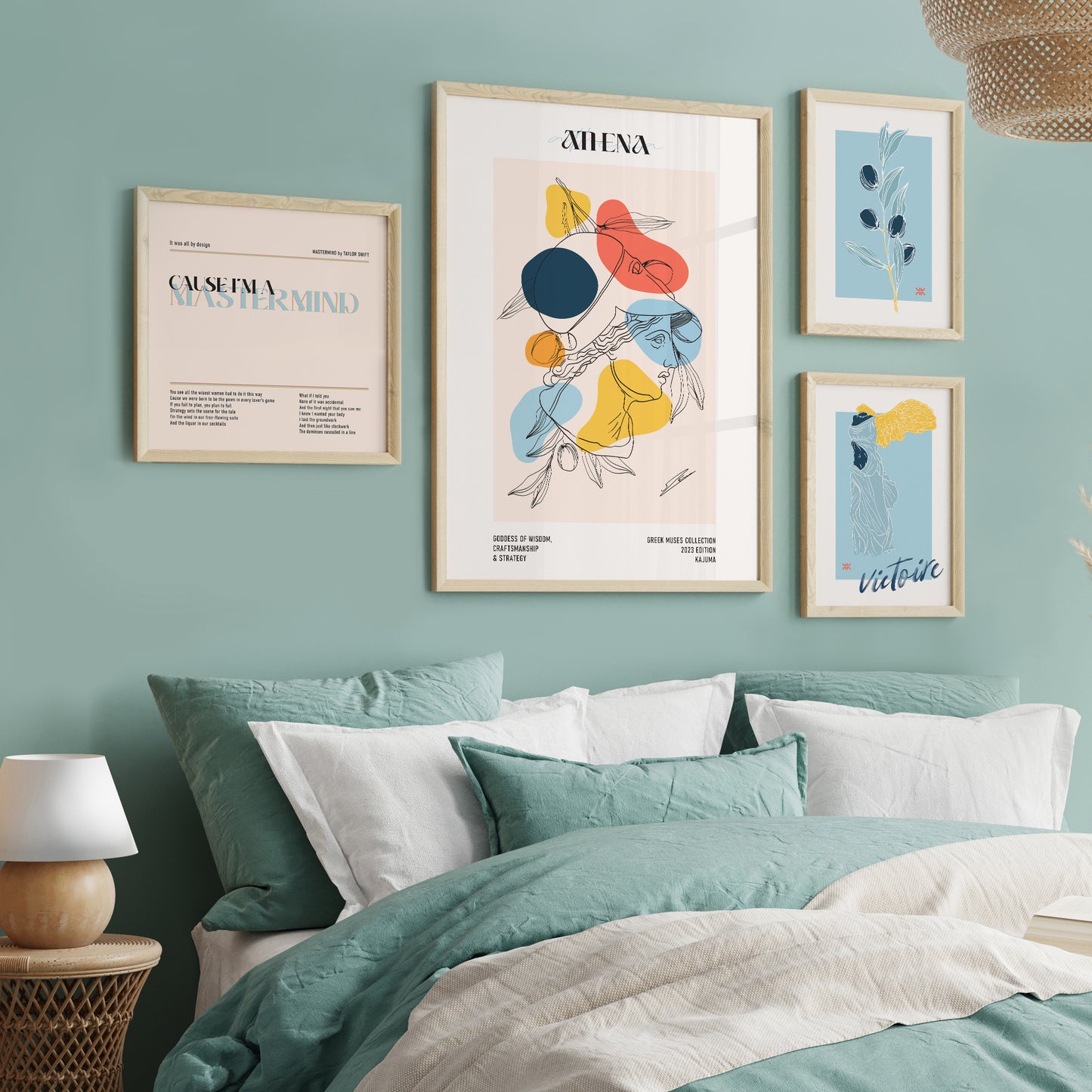 A gallery wall of 4 art prints inspired by the Greek goddess Athena set in a cozy boho bedroom.