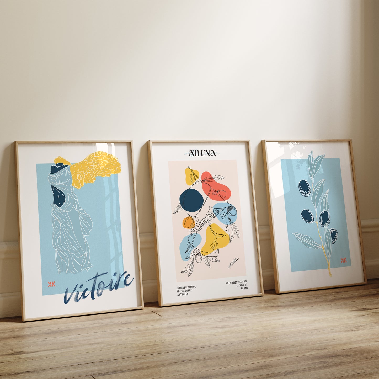 A set of three prints inspired by the Greek goddess of wisdom and craftsmanship Athena in beautiful light blue and vibrant yellow colors.