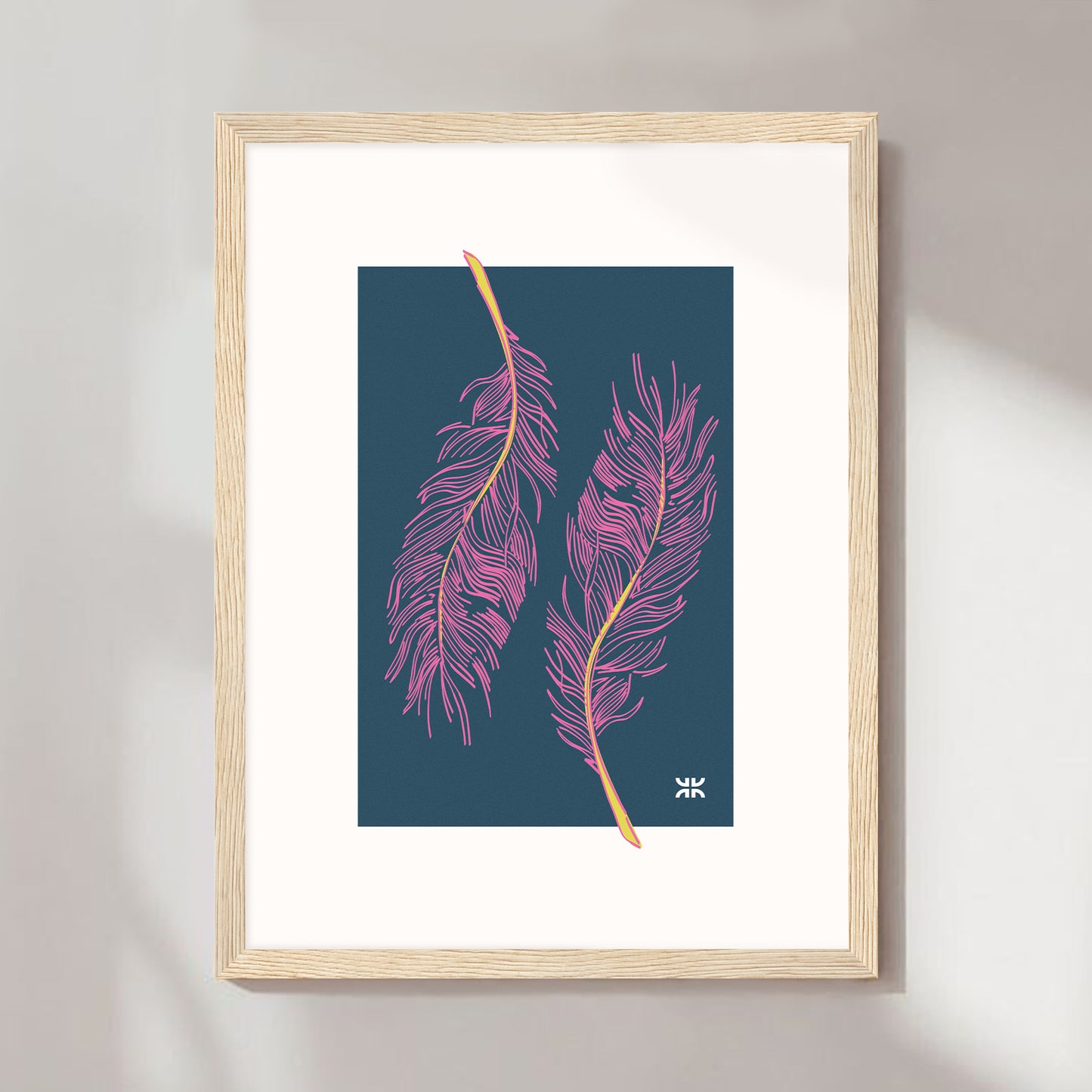 Twin feathers, pink & blue