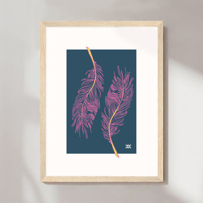 Twin feathers, pink & blue