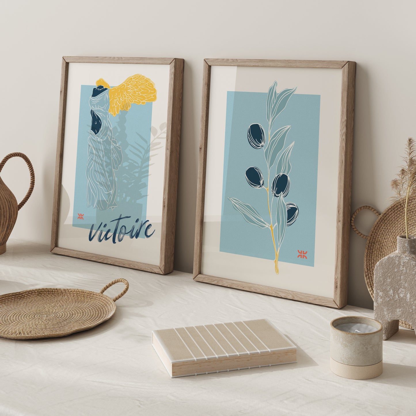 A set of two prints featuring a Greek statue of Victory and an olive branch, symbol of triumph and peace.